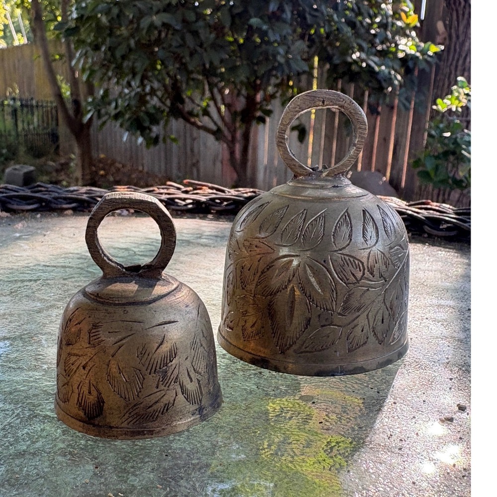 Set of Brass Bells Gold Etched Leaf Rustic Vintage